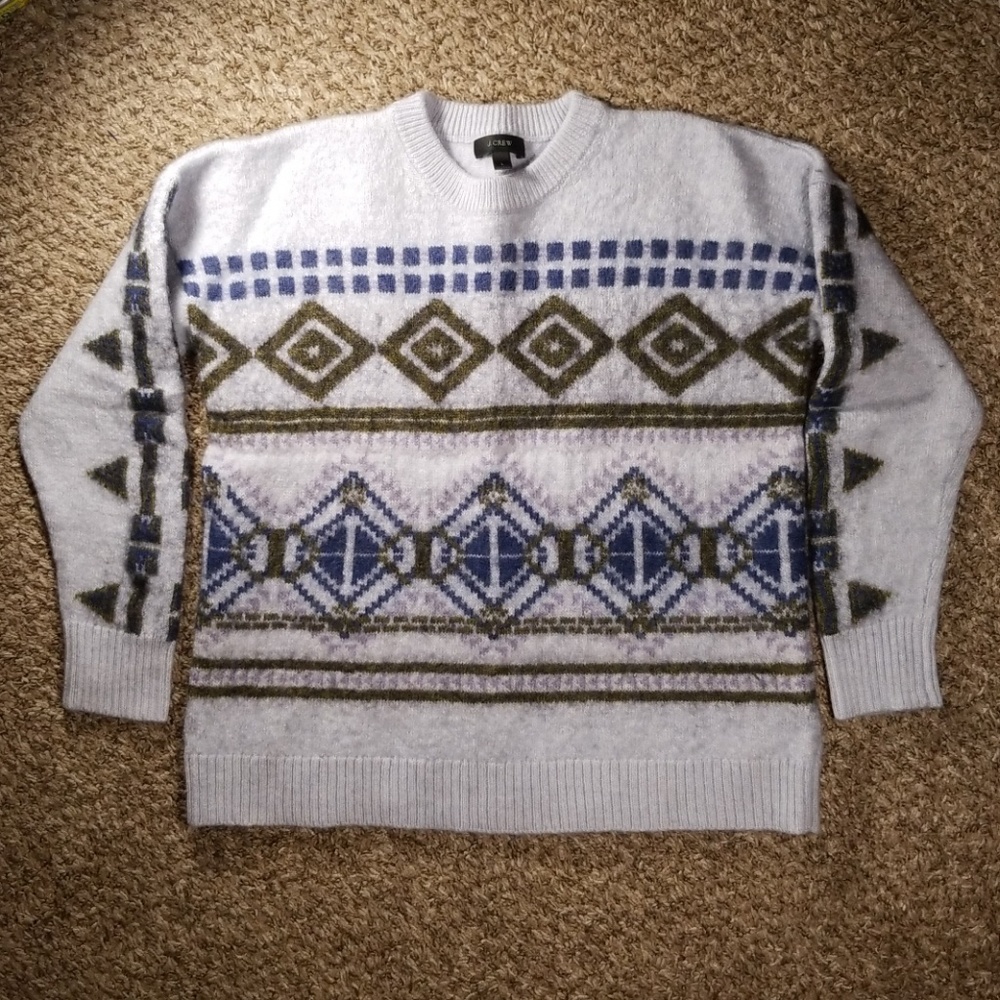 J. Crew Fair Isle Wool Crewneck Pullover Sweater Women's Size Large Grey